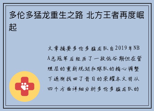 多伦多猛龙重生之路 北方王者再度崛起